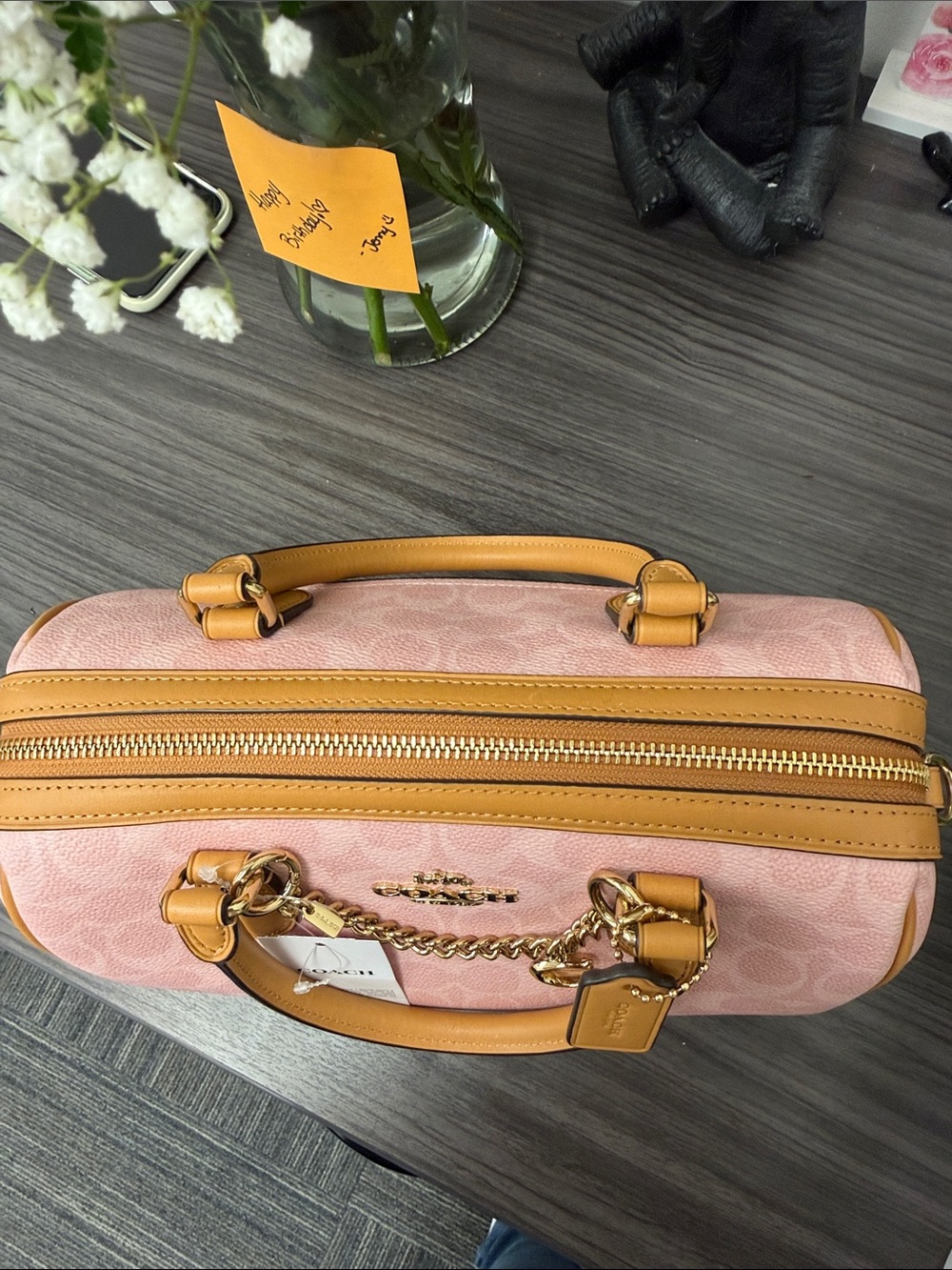Coach Powder Pink Signature Canvas Rowan Satchel with Tan Leather Trim. Medium. - Picture 9 of 9